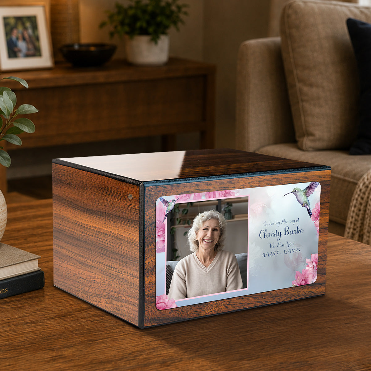 Custom Printed Heritage Walnut Photo Hummingbird Wood Box Cremation Urn