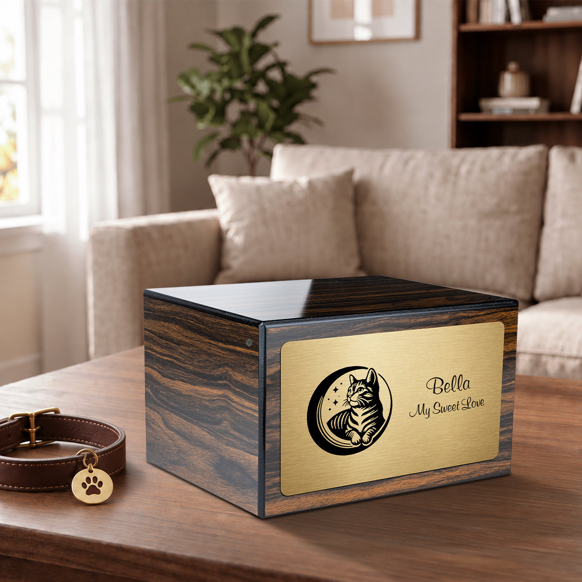 Heritage Espresso Cute Cat Large Pet Cremation Box Urn