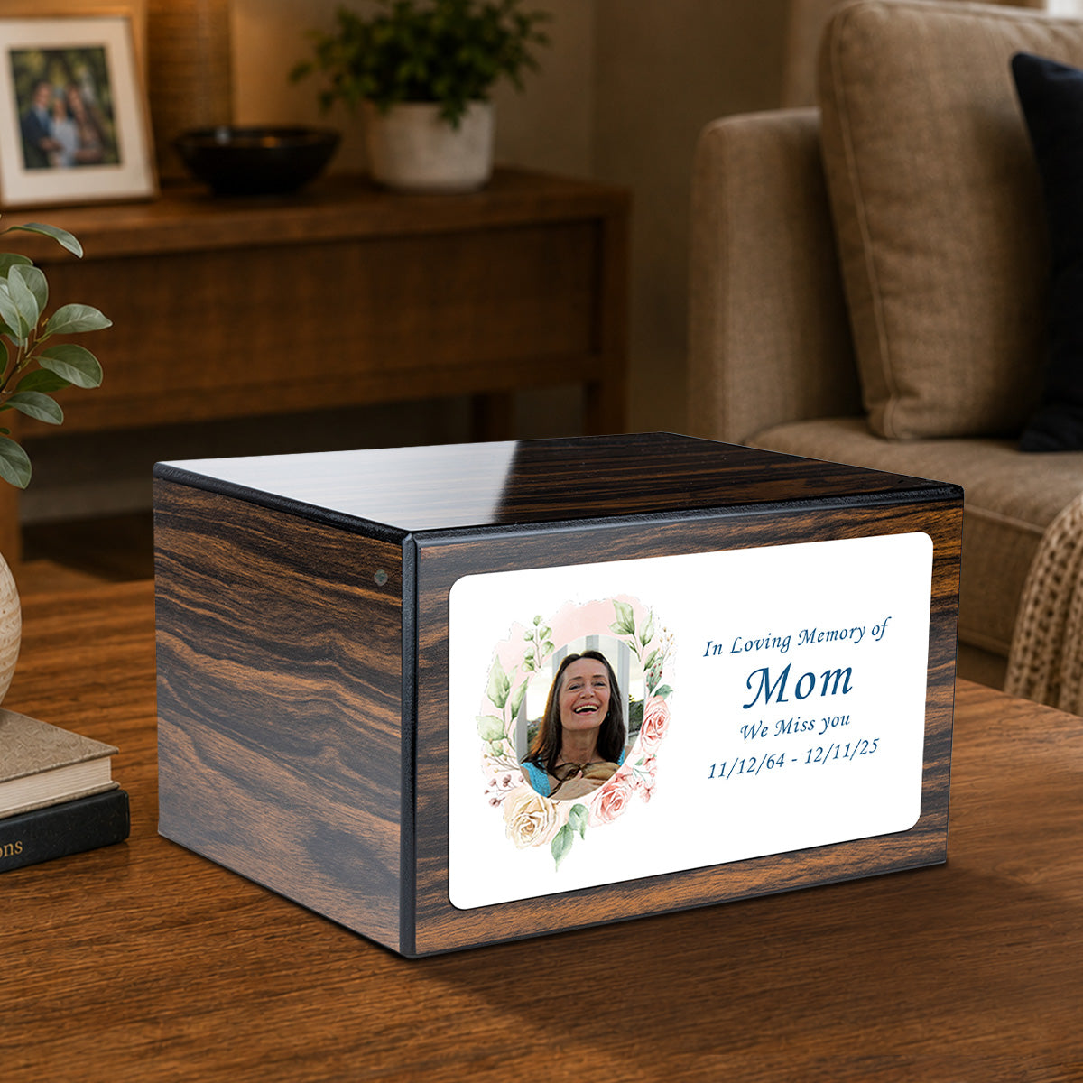 Custom Printed Heritage Espresso Photo Frame Wood Box Cremation Urn