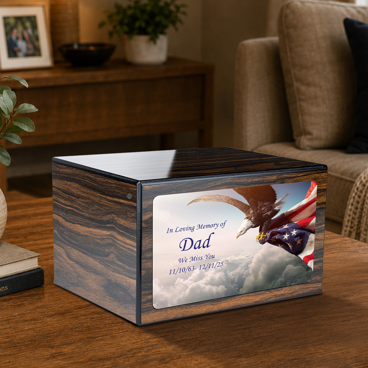 Custom Printed Heritage Espresso American Eagle Wood Box Cremation Urn