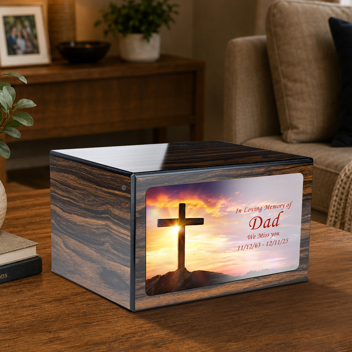Custom Printed Heritage Espresso Cross Wood Box Cremation Urn