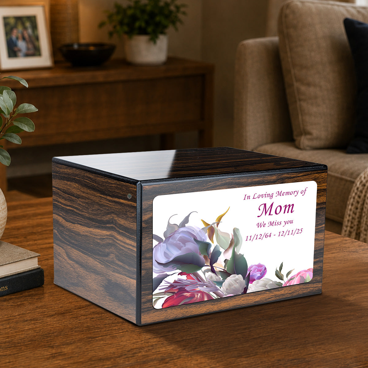 Custom Printed Heritage Espresso Flowers Wood Box Cremation Urn