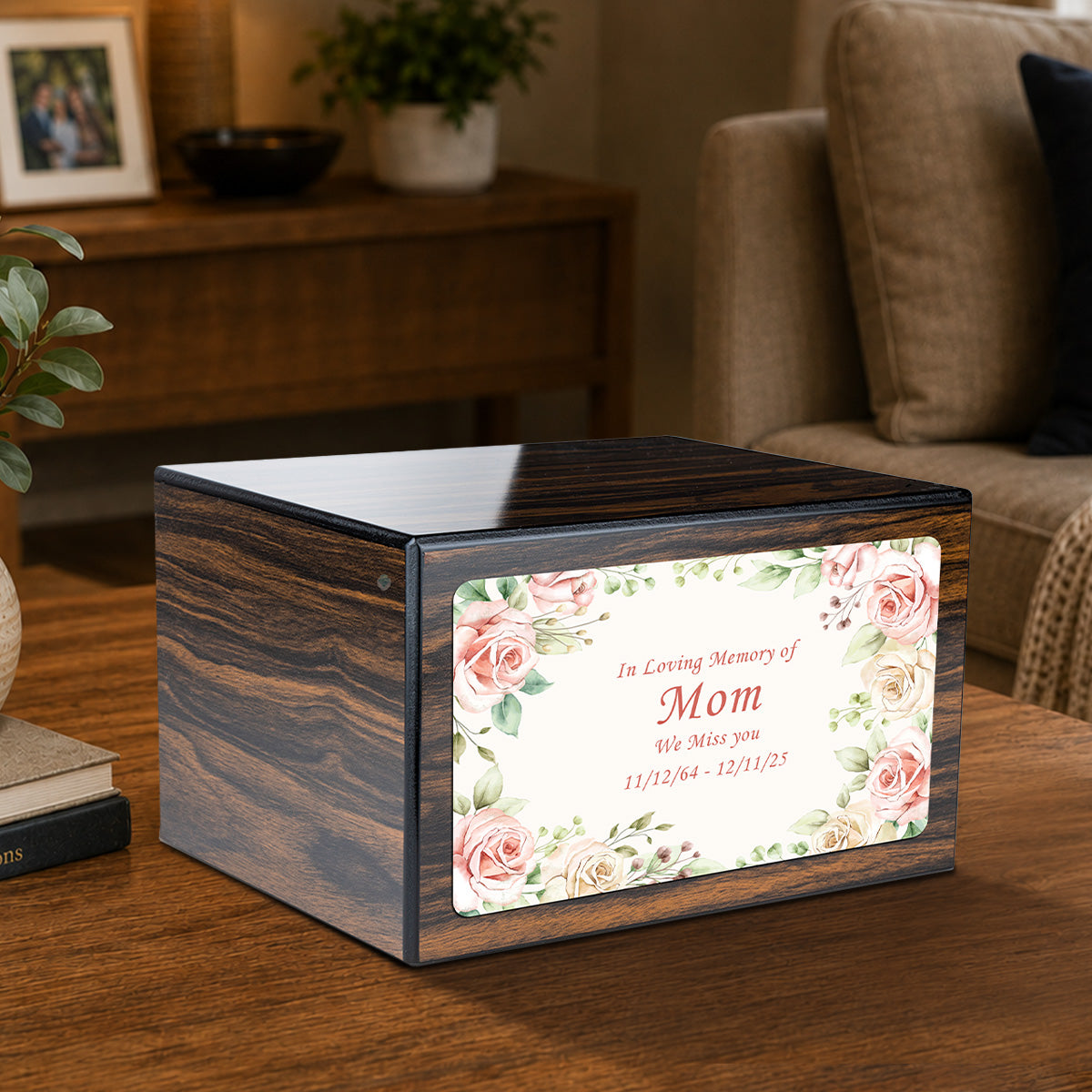 Custom Printed Heritage Espresso Flower Frame Wood Box Cremation Urn