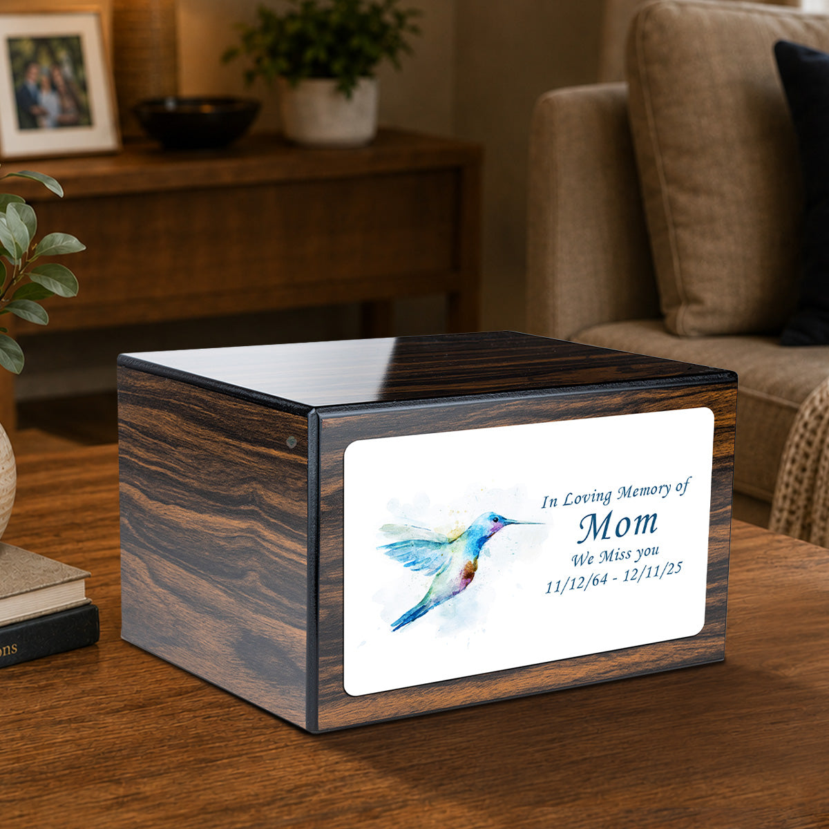 Custom Printed Heritage Espresso Hummingbird Wood Box Cremation Urn