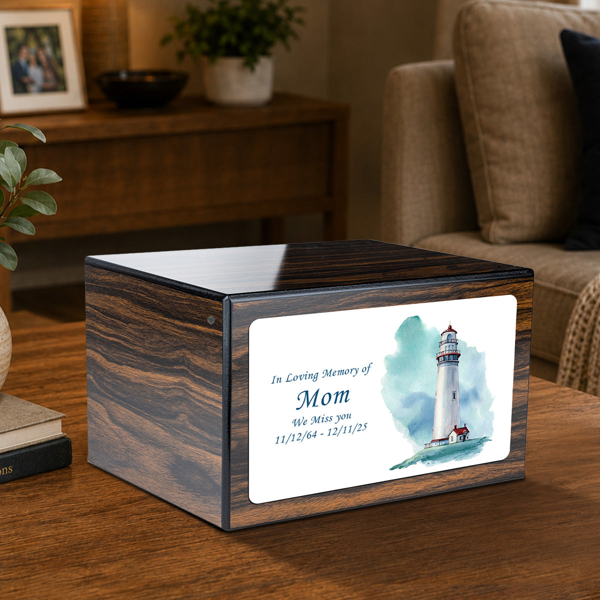 Custom Printed Heritage Espresso Lighthouse Wood Box Cremation Urn