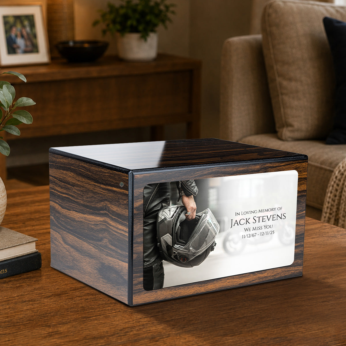 Custom Printed Heritage Espresso Motorcycle Helmet Wood Box Cremation Urn