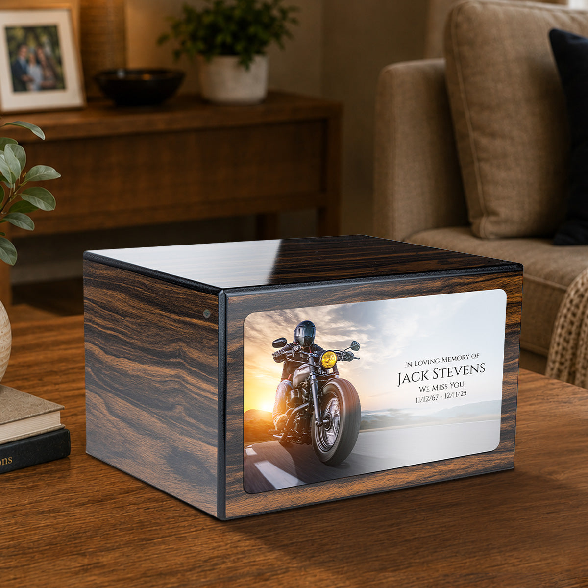 Custom Printed Heritage Espresso Motorcycle Wood Box Cremation Urn