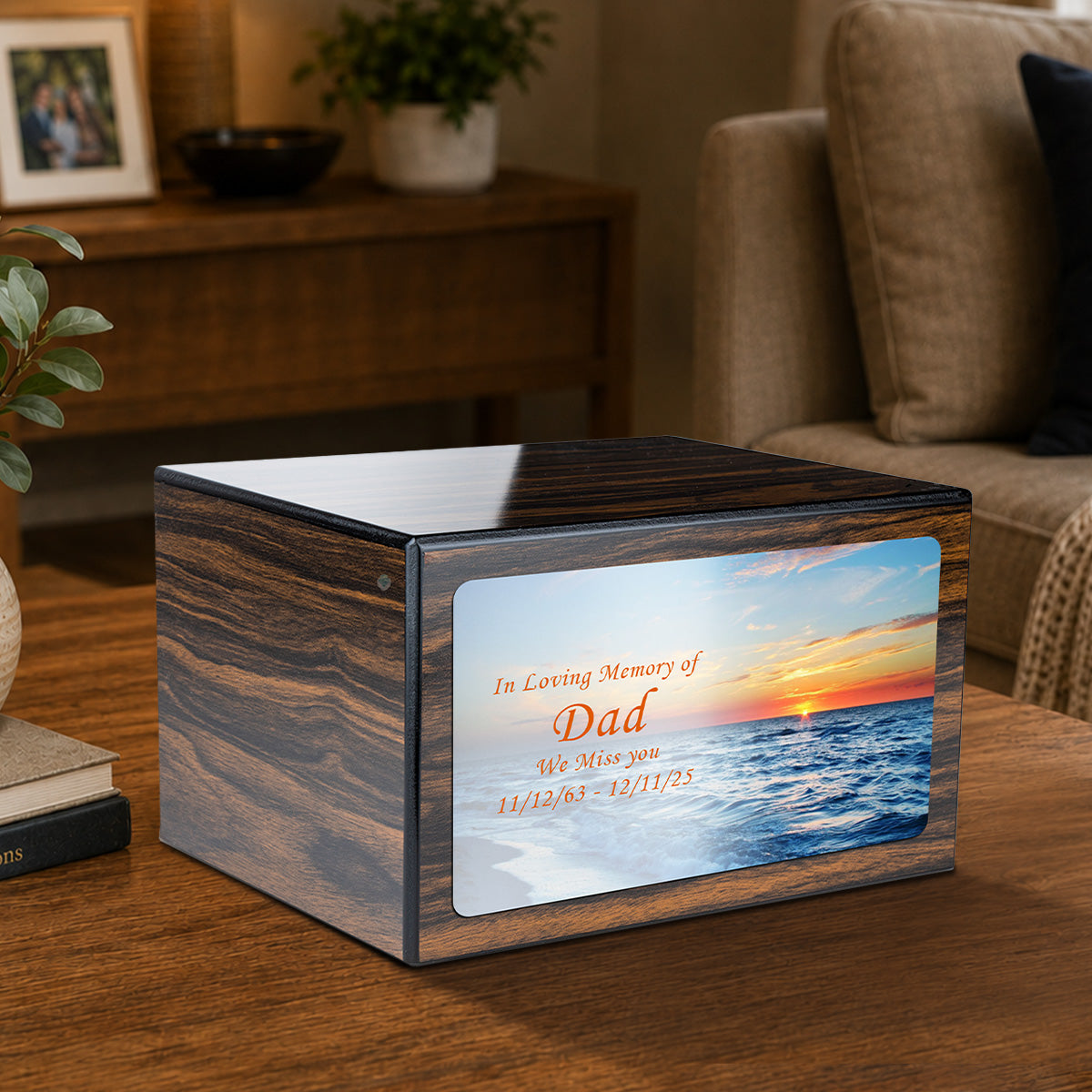 Custom Printed Heritage Espresso Ocean Sunset Wood Box Cremation Urn