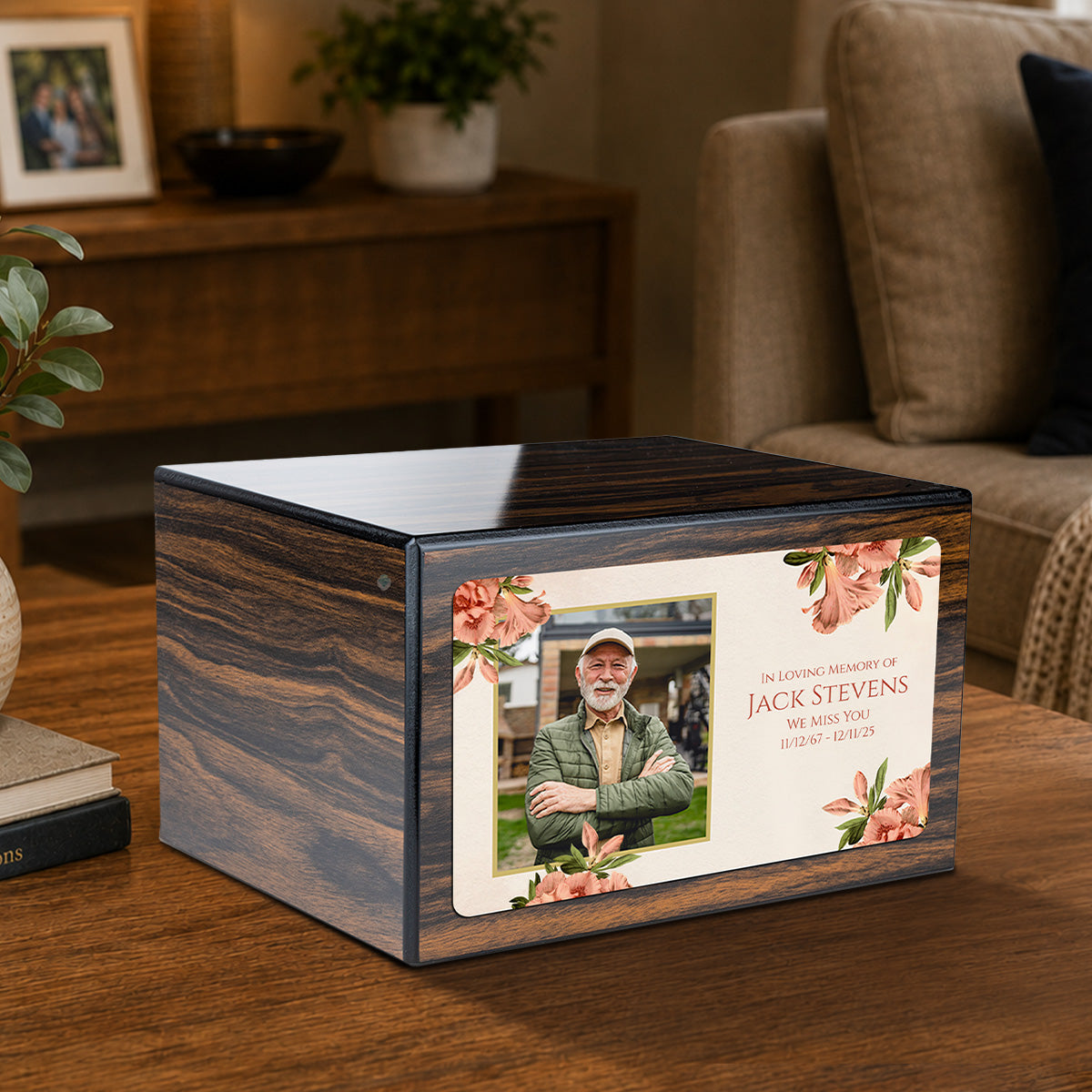 Custom Printed Heritage Espresso Azalea Flower Wood Box Cremation Urn