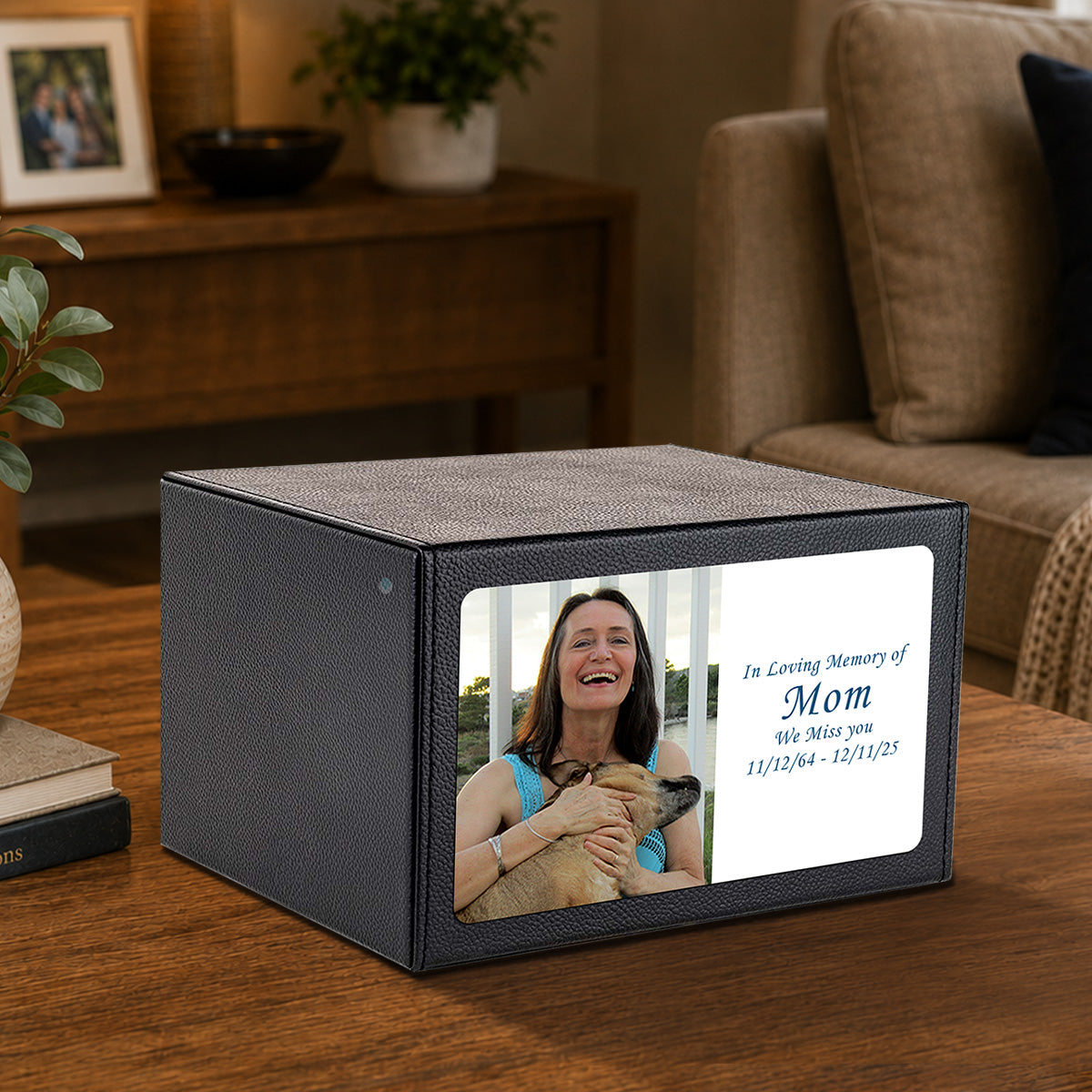 Custom Printed Heritage Leather Photo Frame Wood Box Cremation Urn