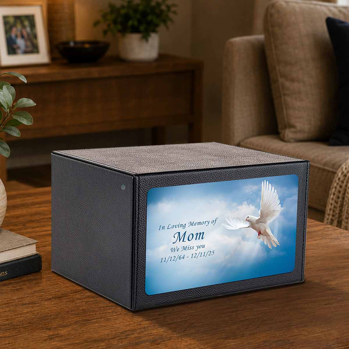 Custom Printed Heritage Leather Dove Wood Box Cremation Urn