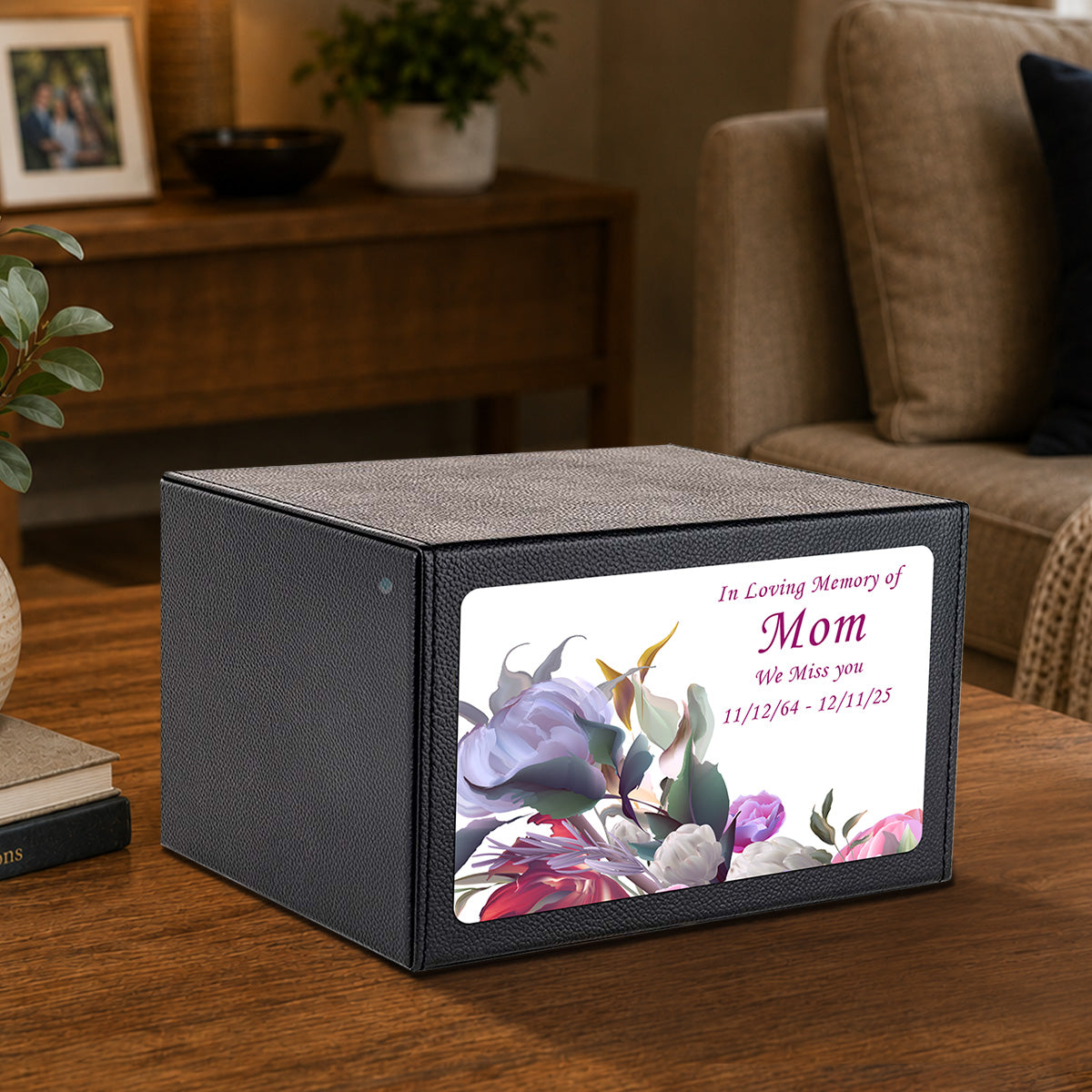 Custom Printed Heritage Leather Flowers Wood Box Cremation Urn