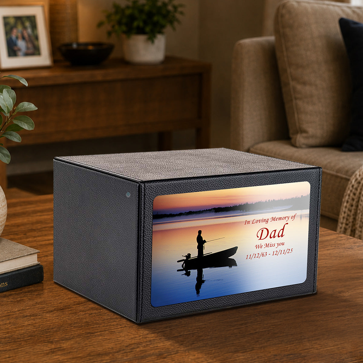 Custom Printed Heritage Leather Fishing Wood Box Cremation Urn