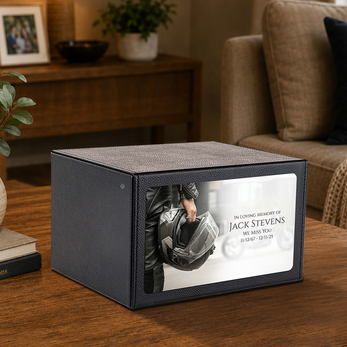 Custom Printed Heritage Leather Motorcycle Helmet Wood Box Cremation Urn
