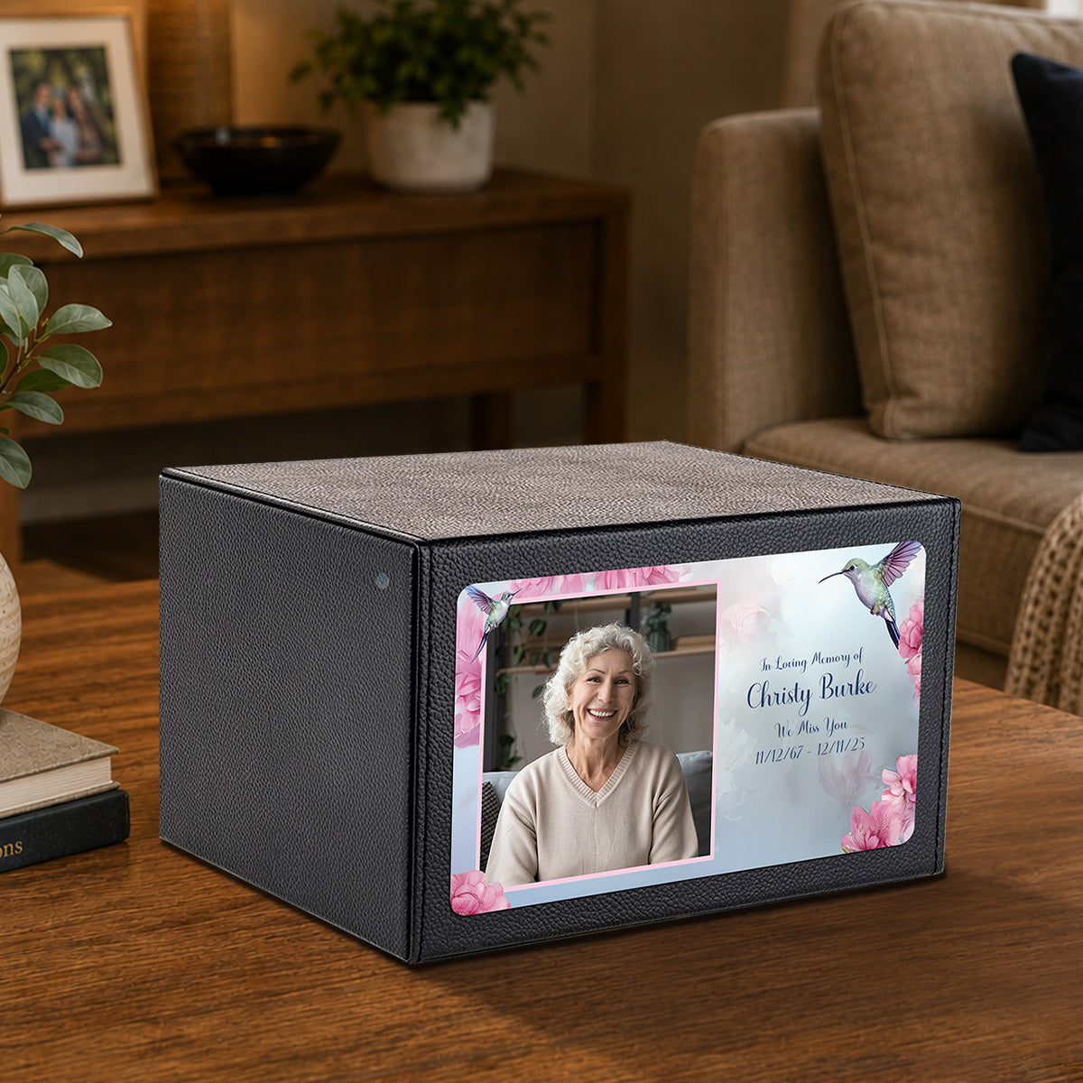 Custom Printed Heritage Leather Photo Hummingbird Wood Box Cremation Urn