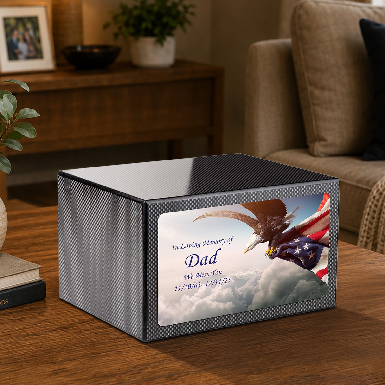 Custom Printed Heritage Carbon Fiber American Eagle Wood Box Cremation Urn