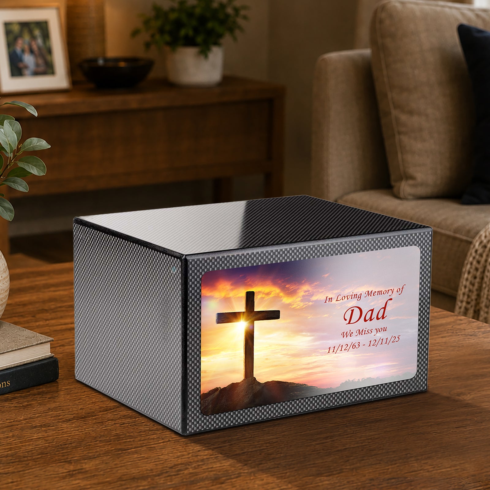Custom Printed Heritage Carbon Fiber Cross Wood Box Cremation Urn