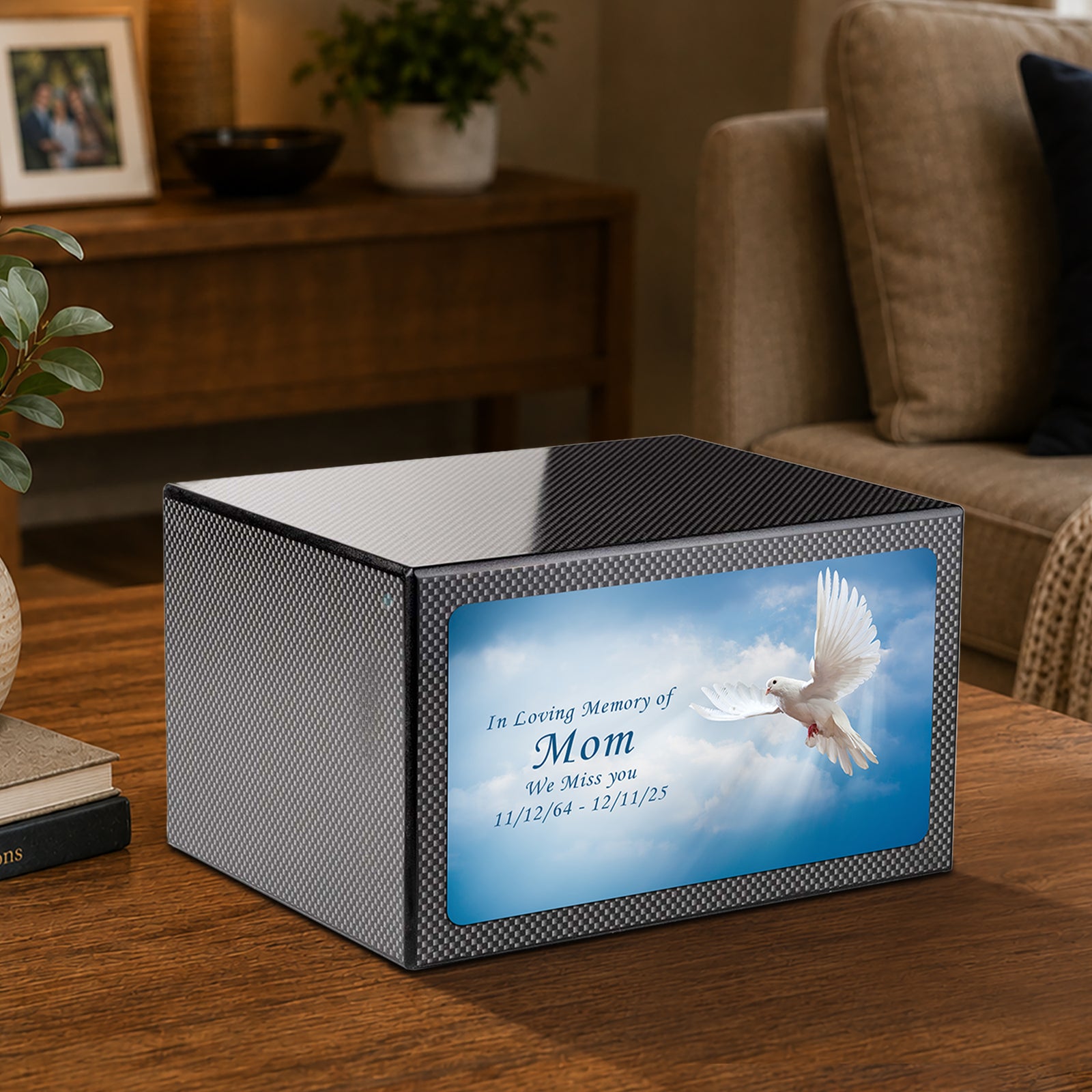 Custom Printed Heritage Carbon Fiber Dove Wood Box Cremation Urn