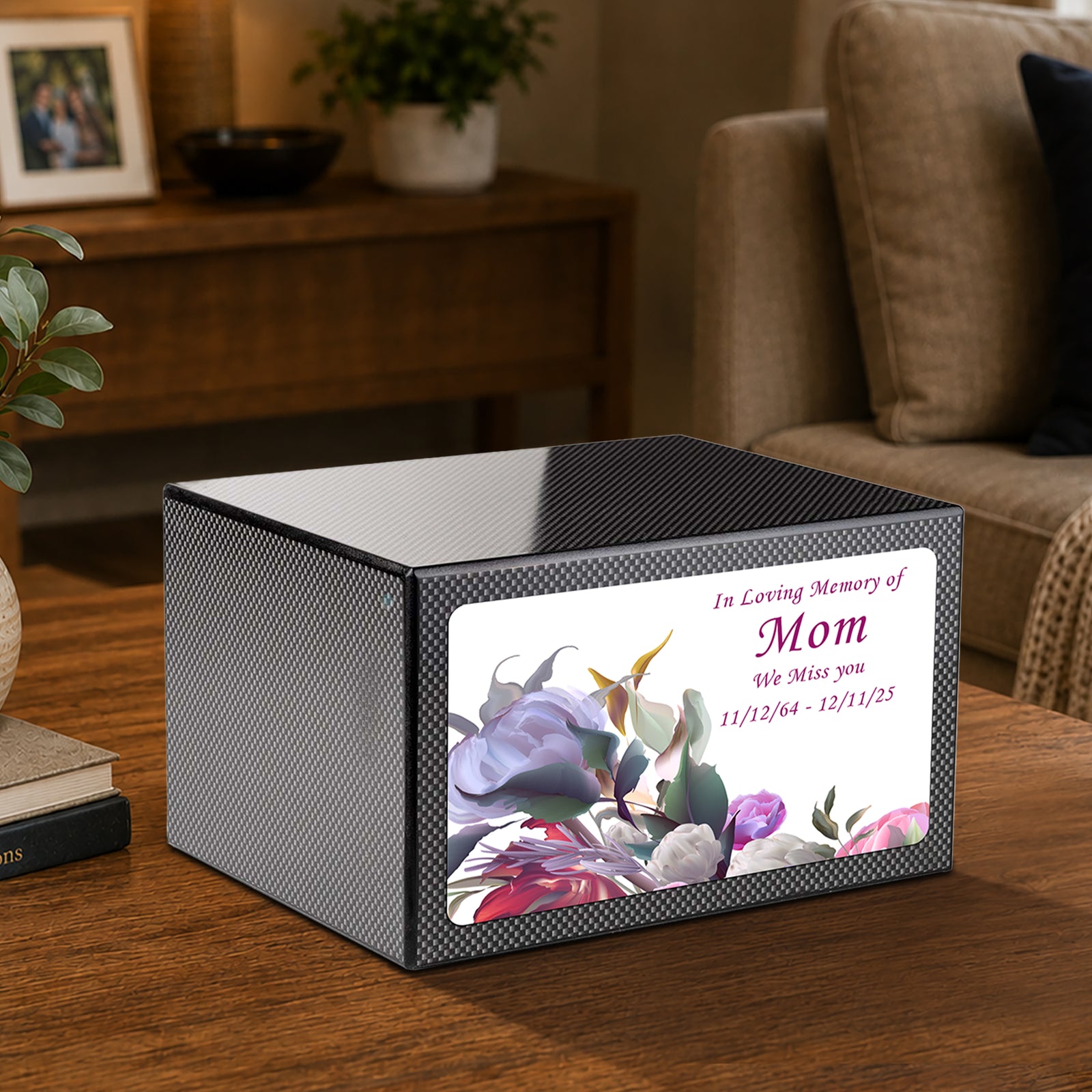 Custom Printed Heritage Carbon Fiber Flowers Wood Box Cremation Urn