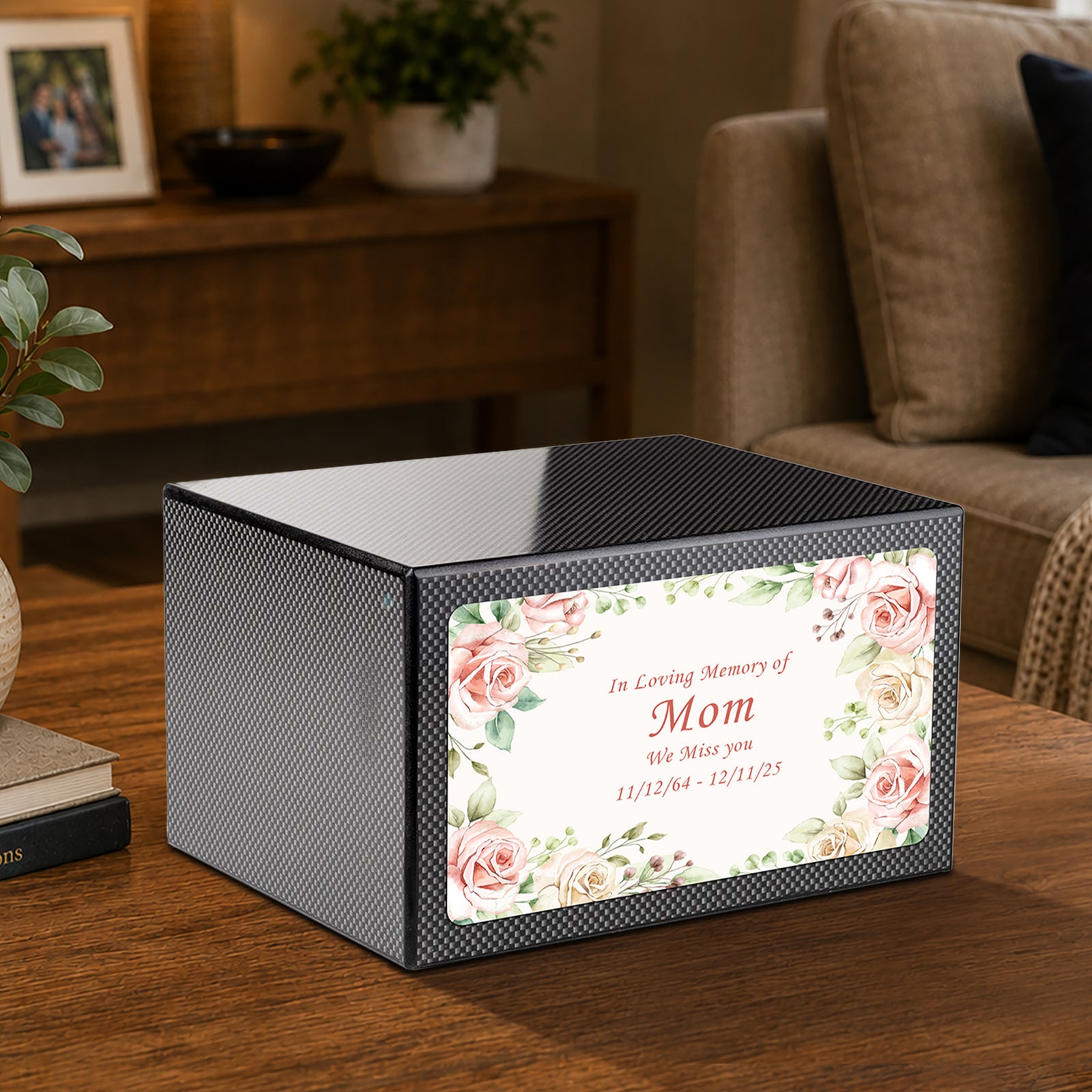 Custom Printed Heritage Carbon Fiber Flower Frame Wood Box Cremation Urn