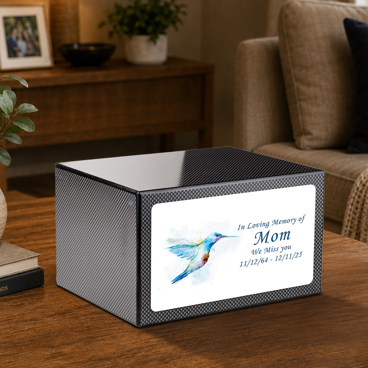 Custom Printed Heritage Carbon Fiber Hummingbird Wood Box Cremation Urn