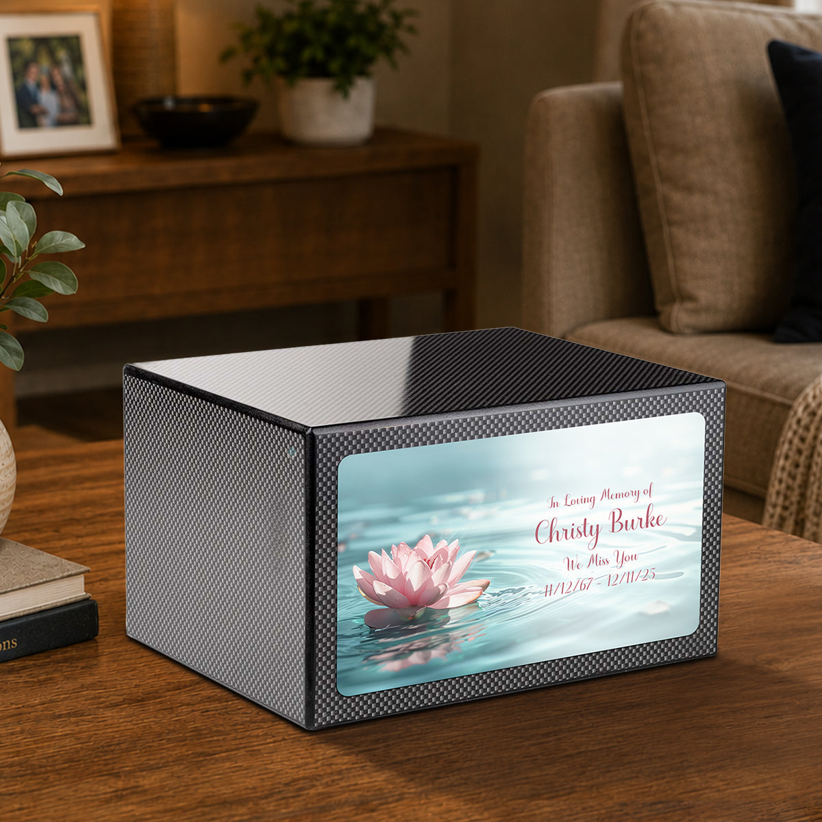 Custom Printed Heritage Carbon Fiber Lotus Flower Wood Box Cremation Urn