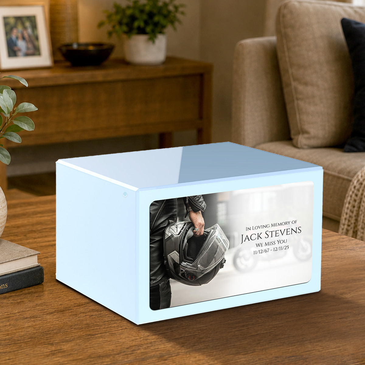 Custom Printed Heritage Light Blue Motorcycle Helmet Wood Cremation Urn Box