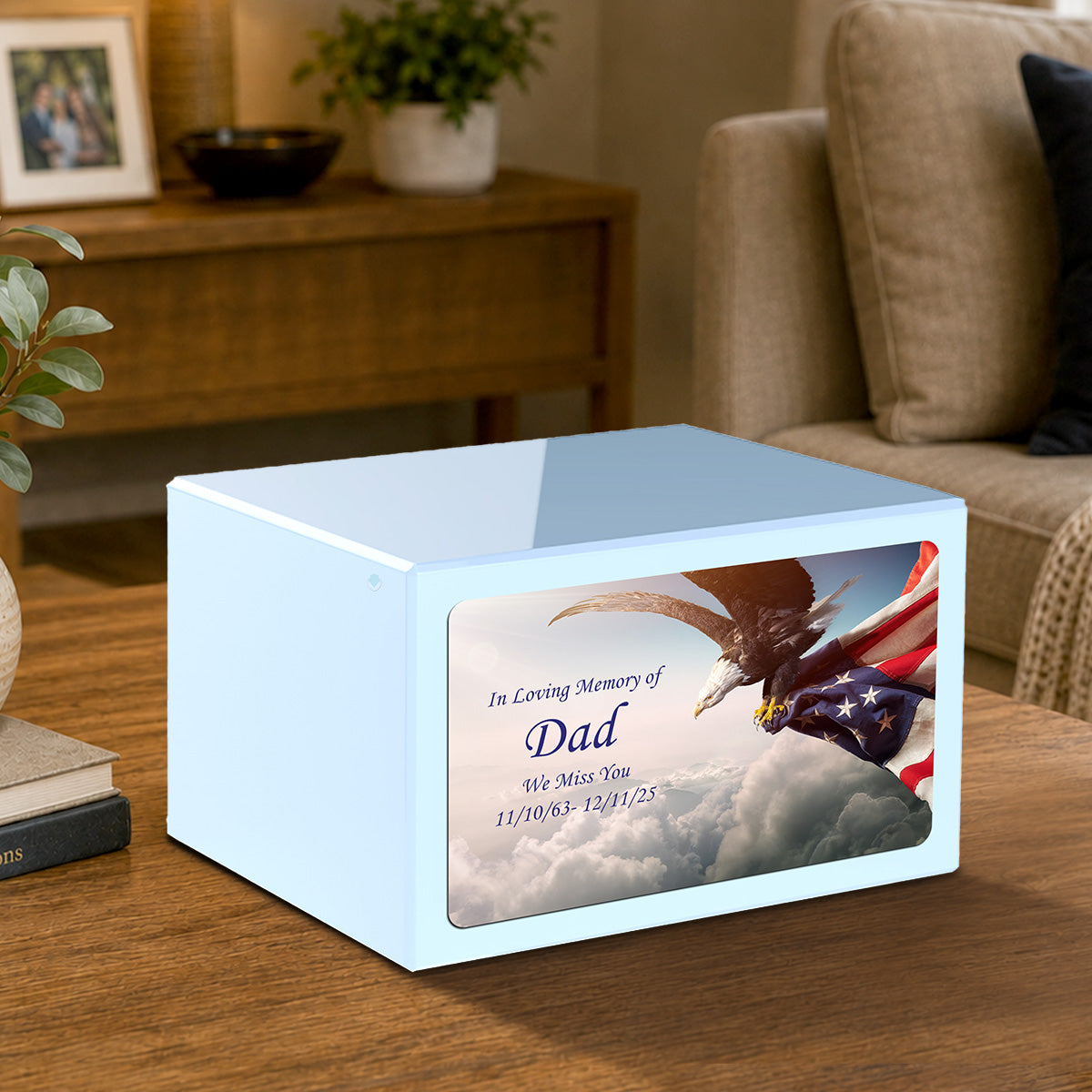 Custom Printed Heritage Light Blue American Eagle Wood Box Cremation Urn