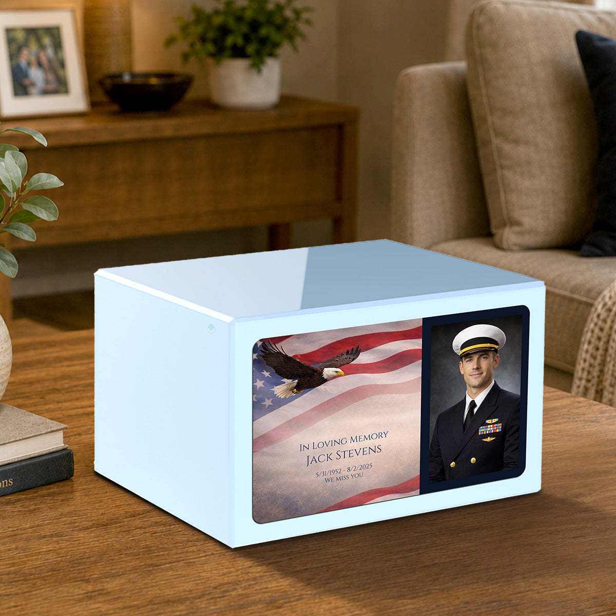 Custom Printed Heritage Light Blue Photo American Glory Wood Box Cremation Urn