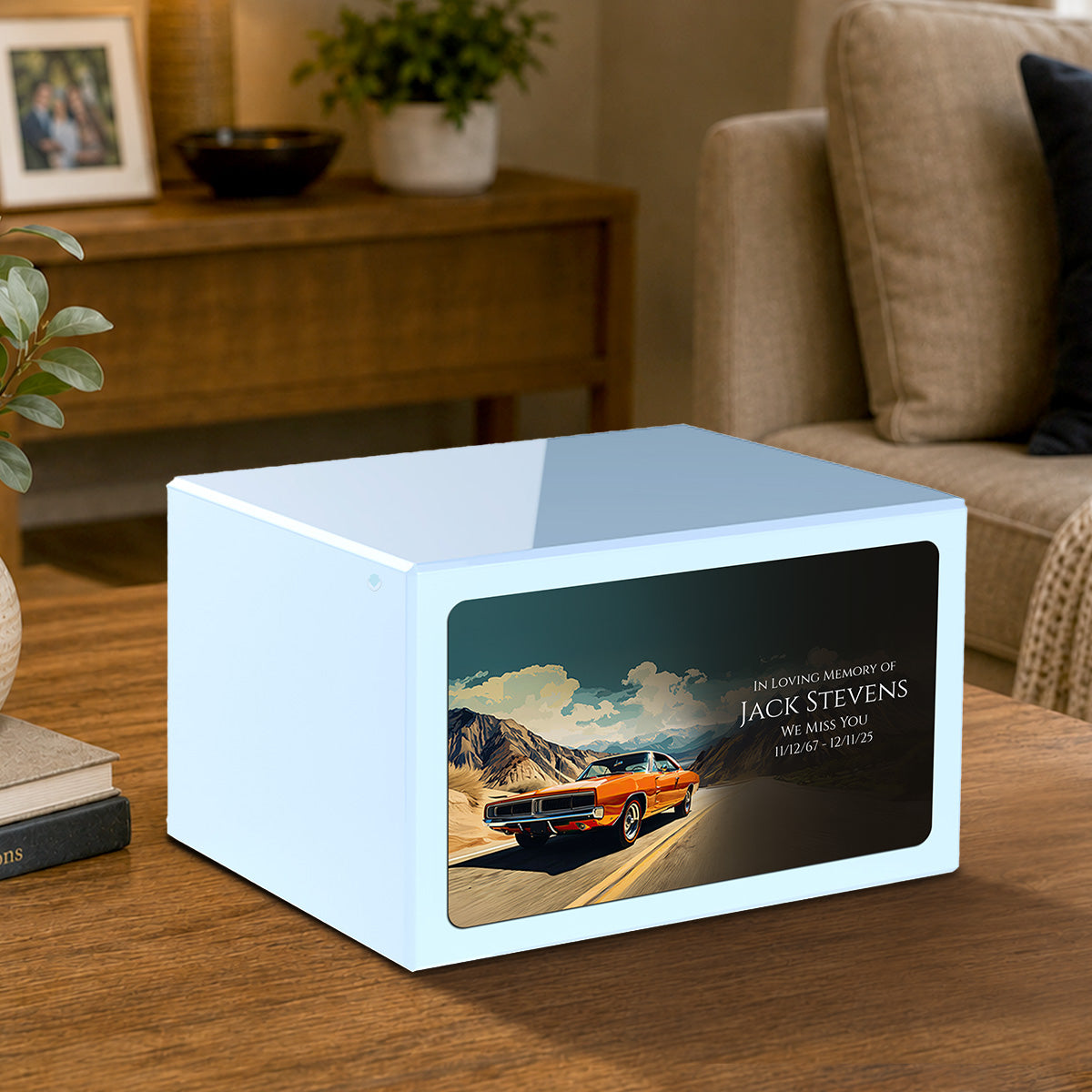 Custom Printed Heritage Light Blue Classic Car Wood Box Cremation Urn