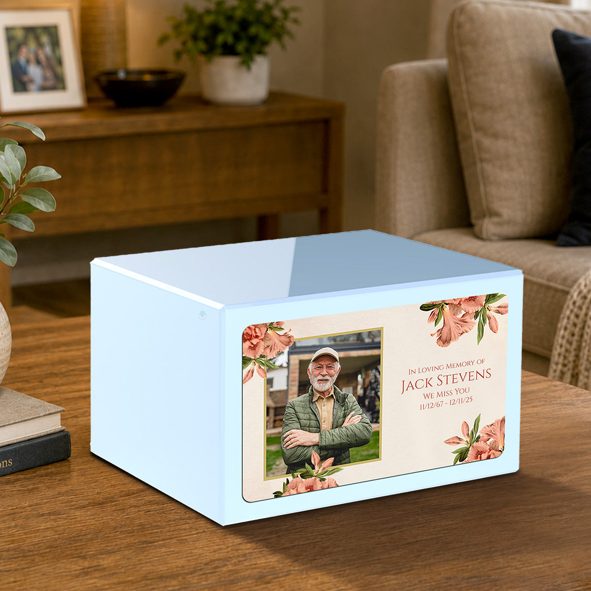 Custom Printed Heritage Light Blue Azalea Flower Wood Box Cremation Urn