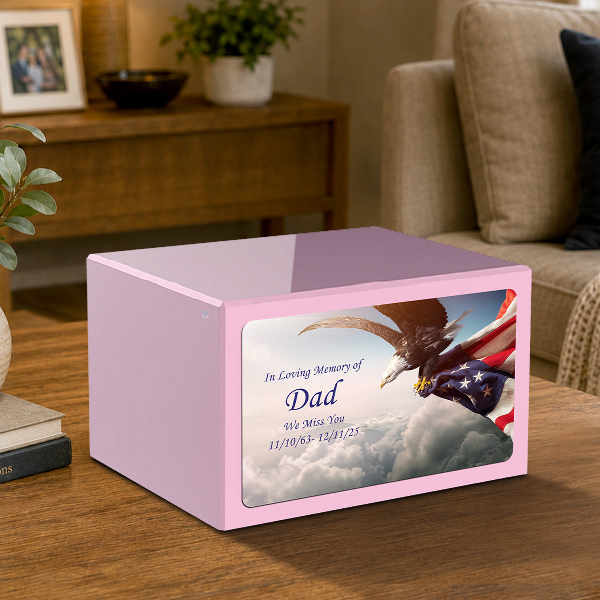 Custom Printed Heritage Light Pink American Eagle Wood Box Cremation Urn