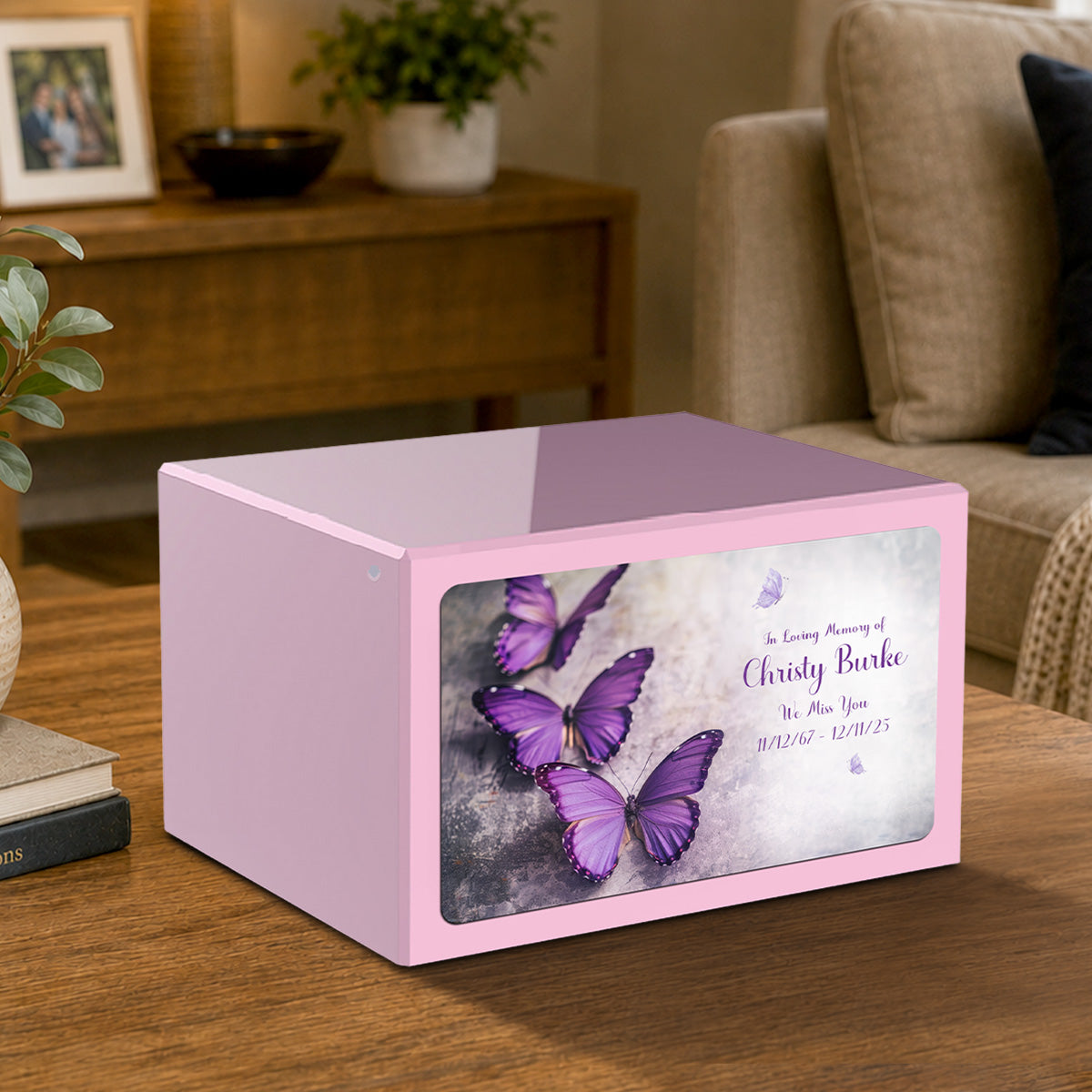 Custom Printed Heritage Light Pink Butterflies Wood Box Cremation Urn