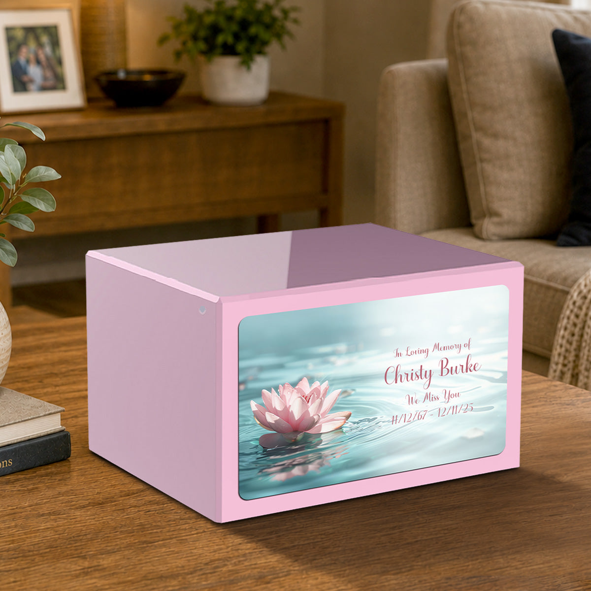 Custom Printed Heritage Light Pink Lotus Flower Wood Box Cremation Urn