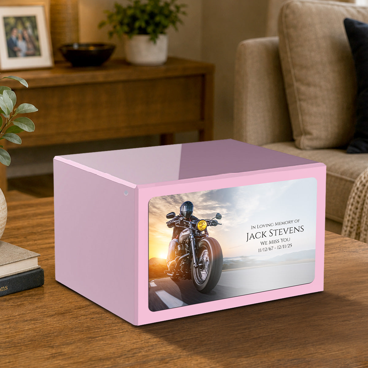 Custom Printed Heritage Light Pink Motorcycle Wood Box Cremation Urn