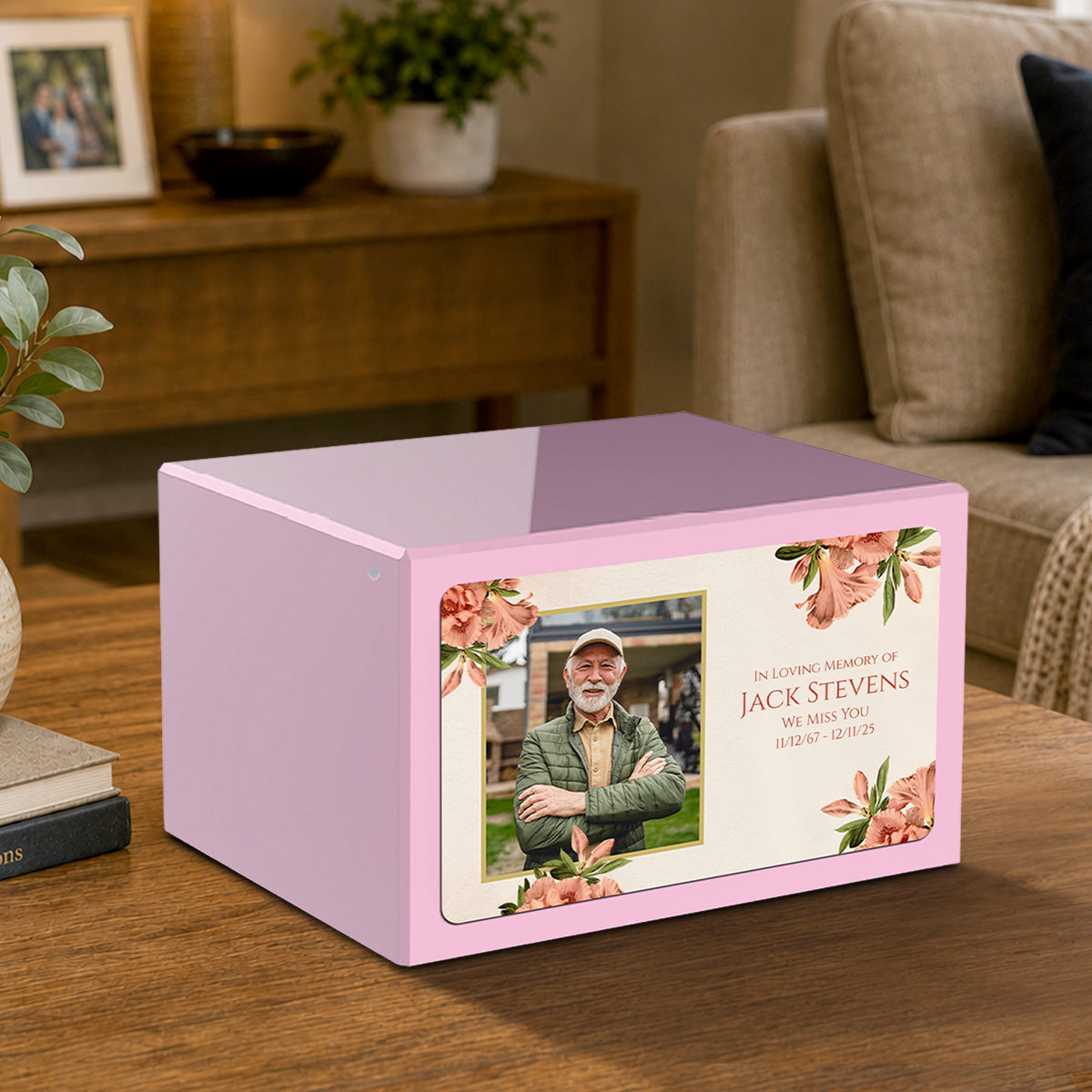 Custom Printed Heritage Light Pink Azalea Flower Wood Box Cremation Urn