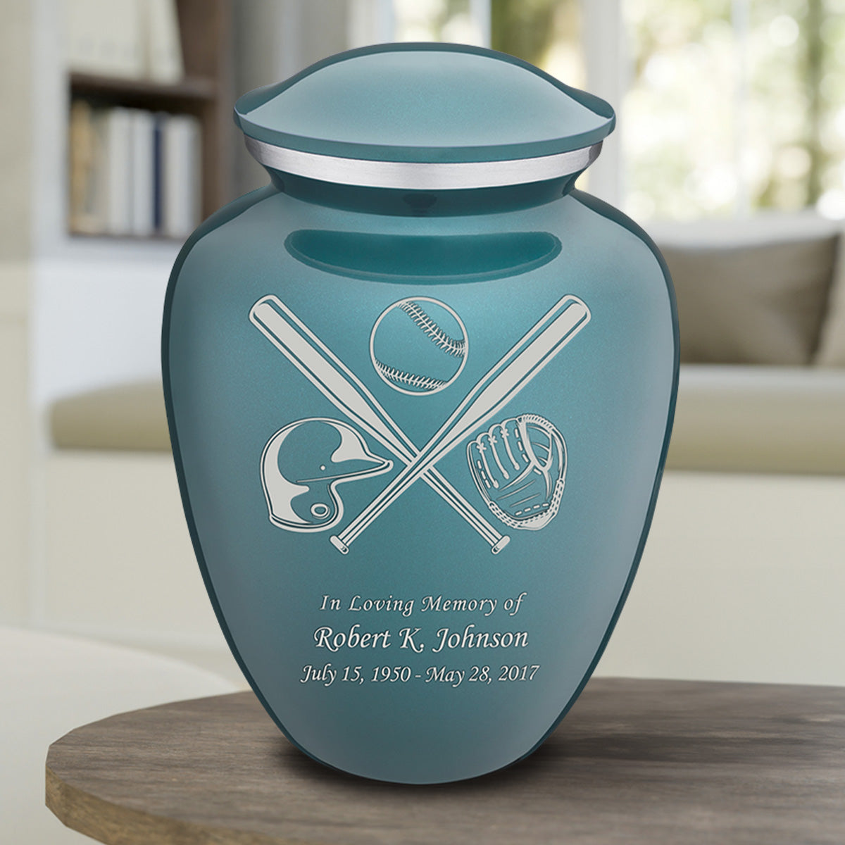 Adult Embrace Teal Baseball Cremation Urn