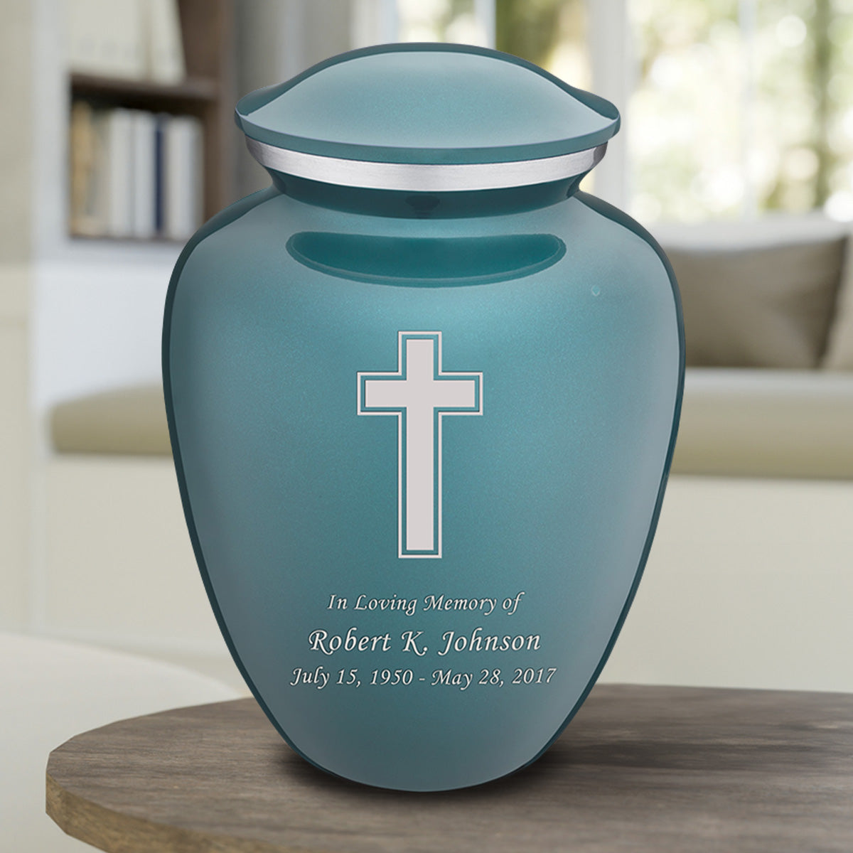 Adult Embrace Teal Simple Cross Cremation Urn