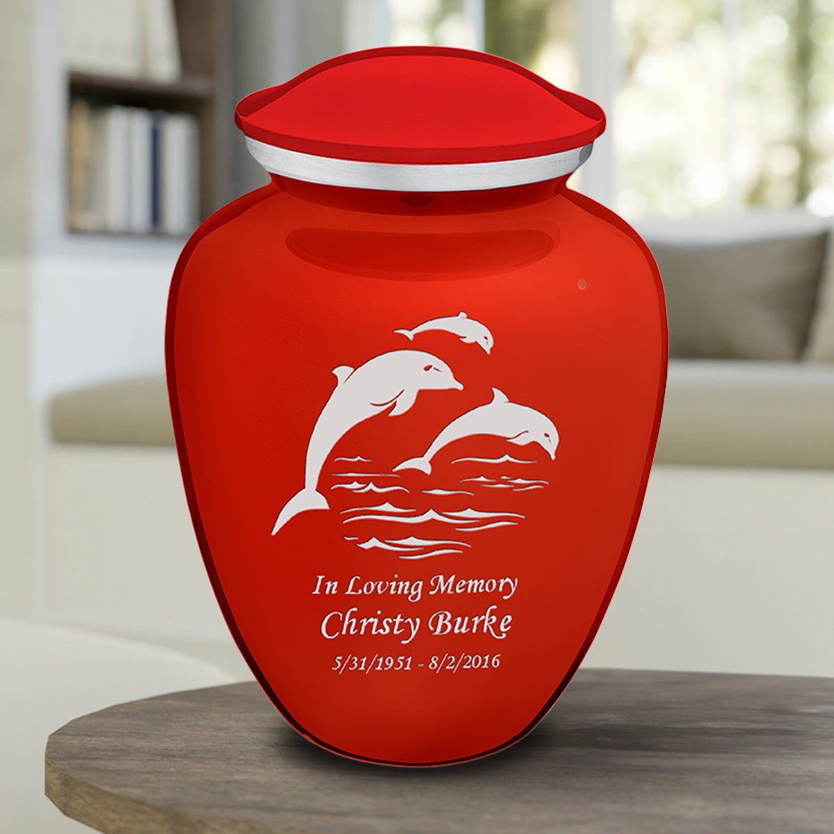Adult Embrace Bright Red Dolphins Cremation Urn