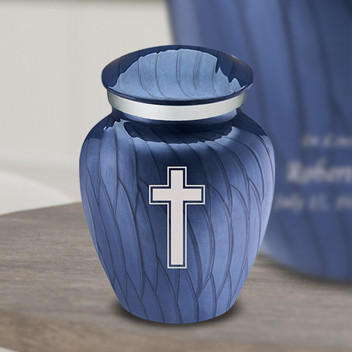 Keepsake Embrace Pearl Cobalt Blue Simple Cross Cremation Urn