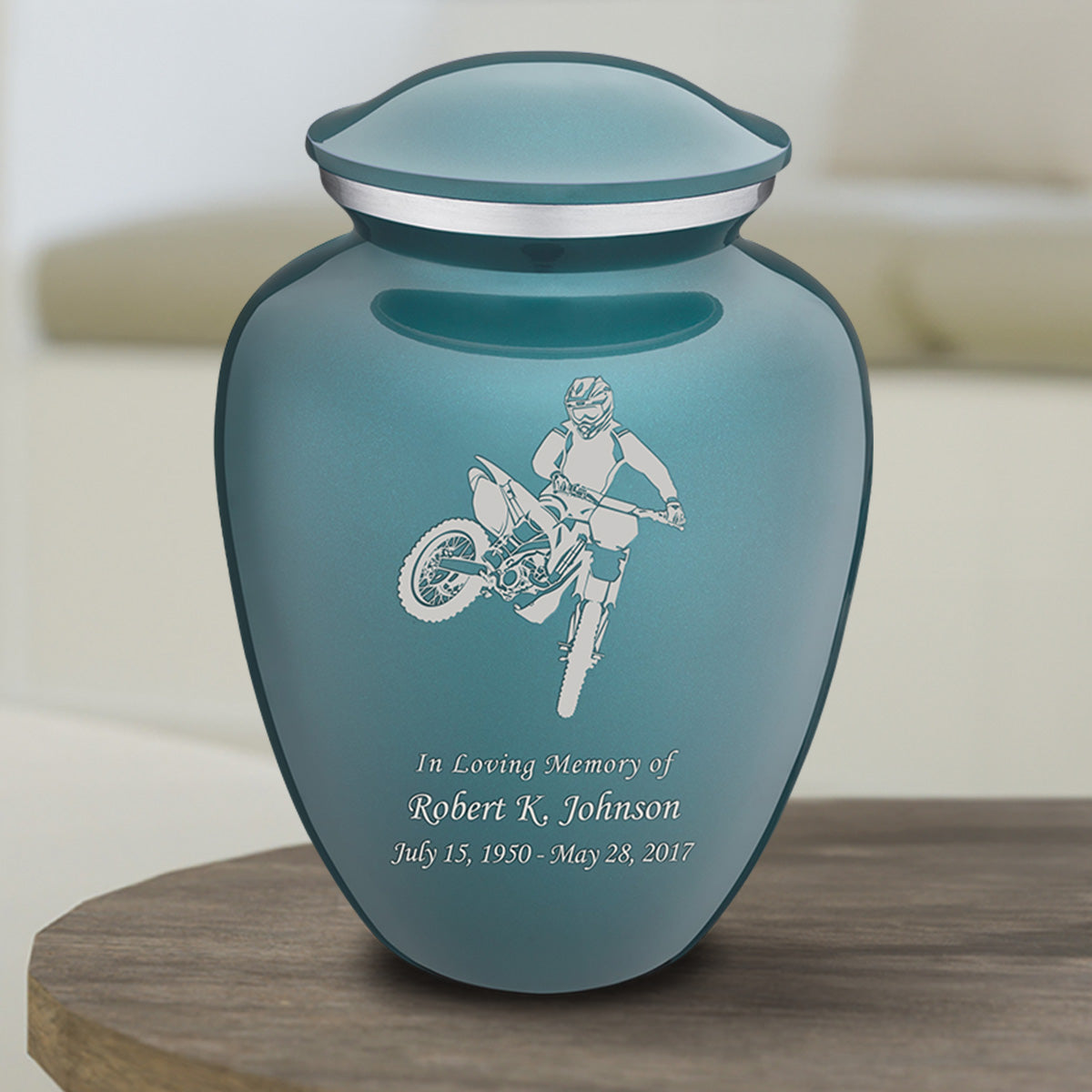 Medium Embrace Teal Dirt Bike Cremation Urn