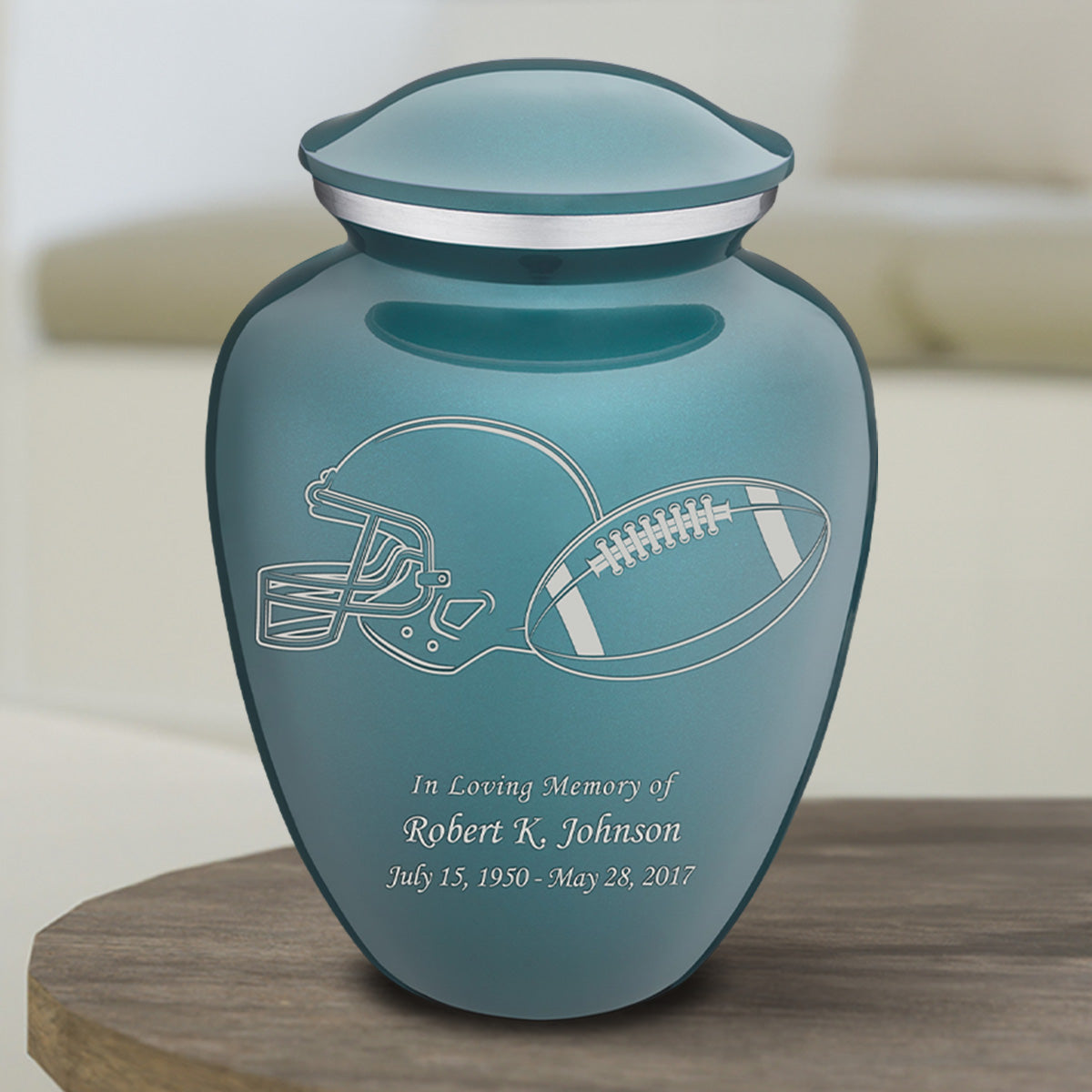 Medium Embrace Teal Football Cremation Urn