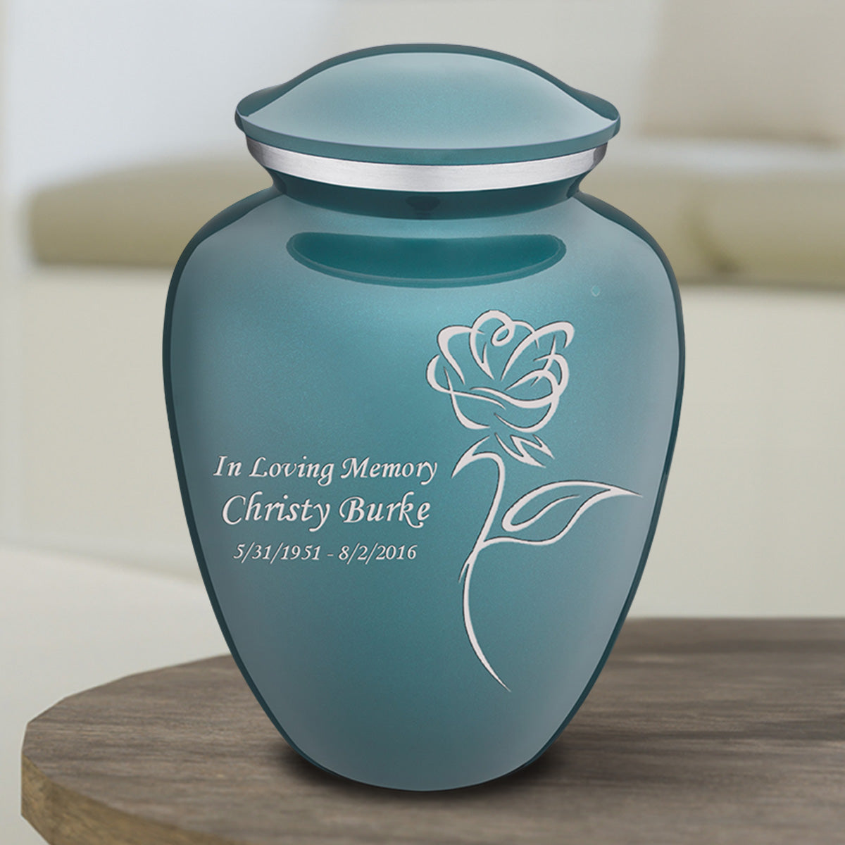 Medium Embrace Teal Rose Cremation Urn