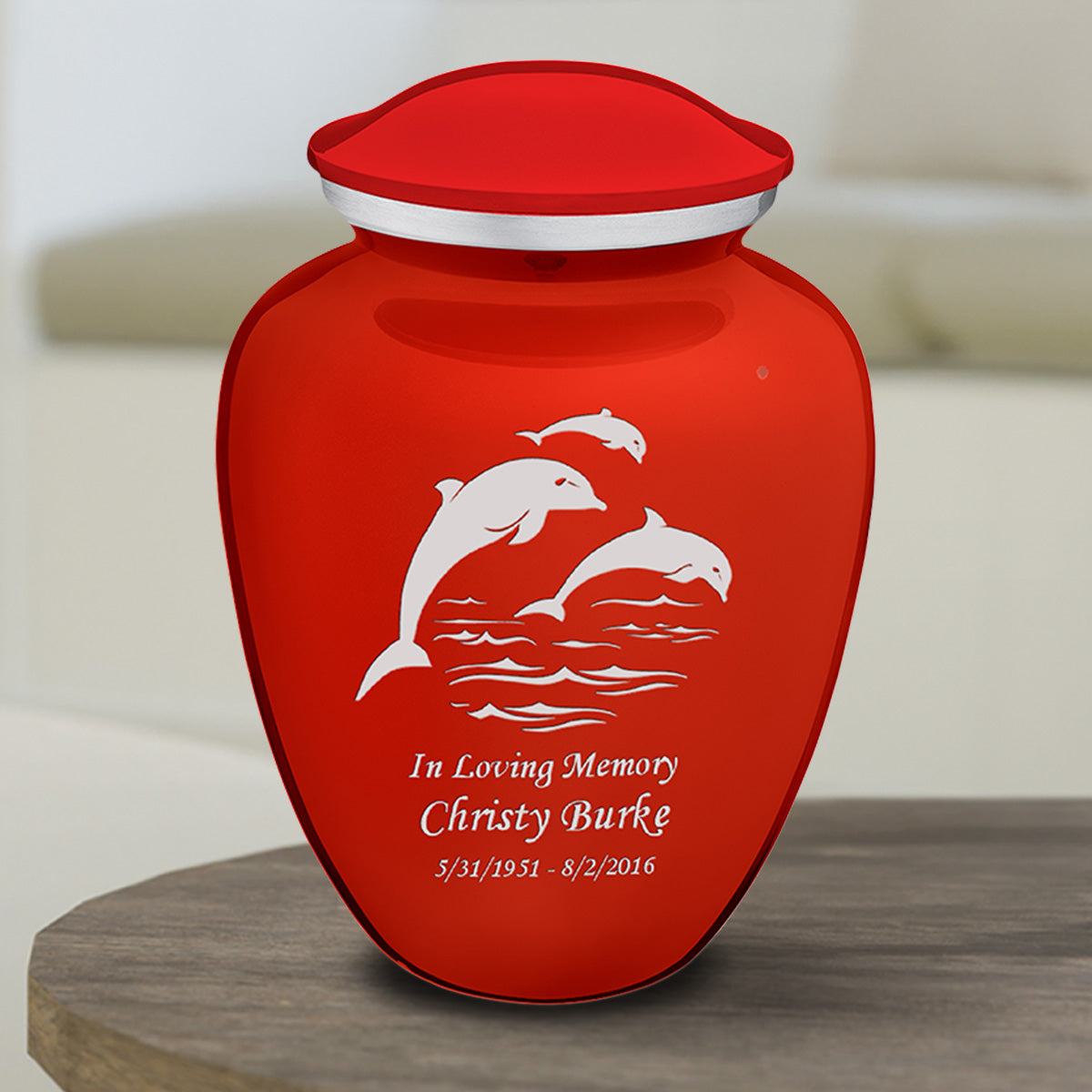 Medium Embrace Bright Red Dolphins Cremation Urn