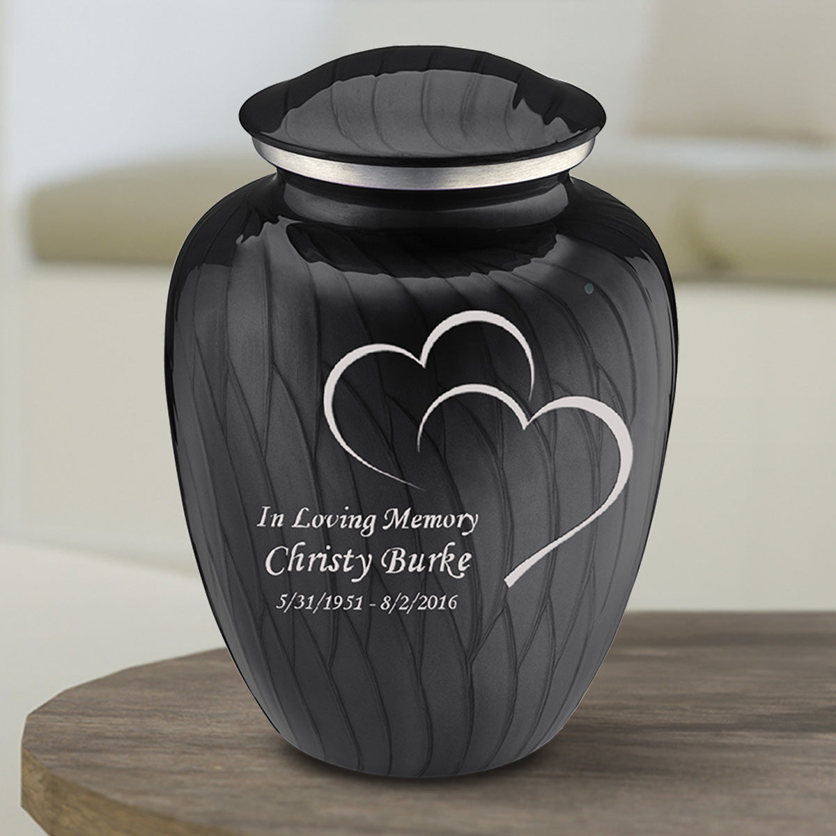 Medium Embrace Pearl Black Hearts Cremation Urn
