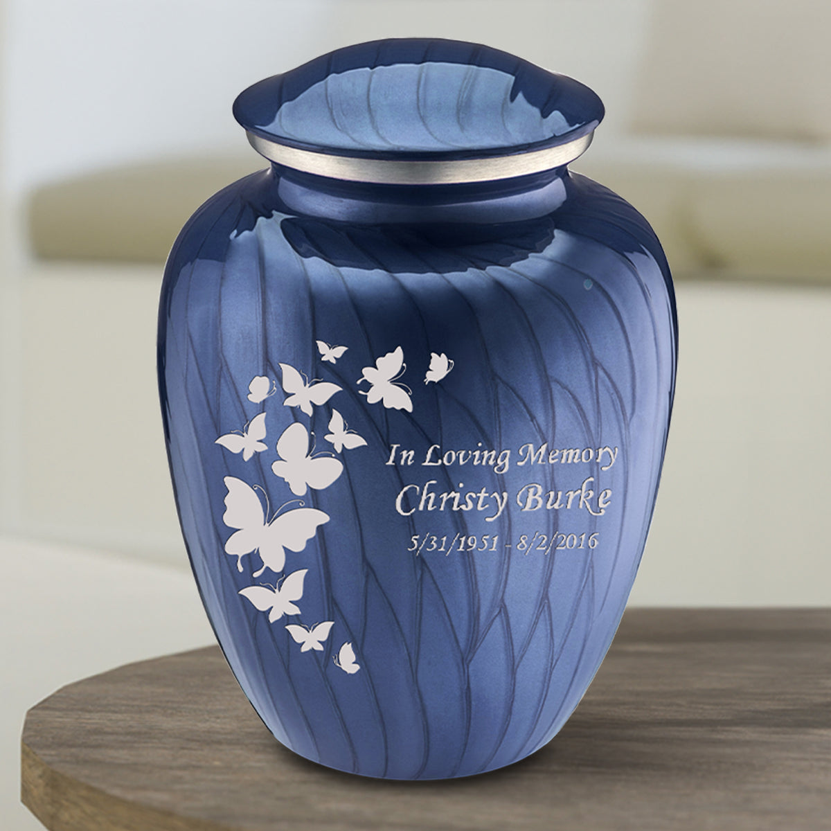 Medium Embrace Pearl Cobalt Blue Butterfly Cremation Urn