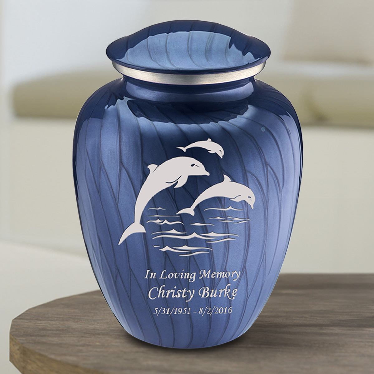 Medium Embrace Pearl Cobalt Blue Dolphins Cremation Urn