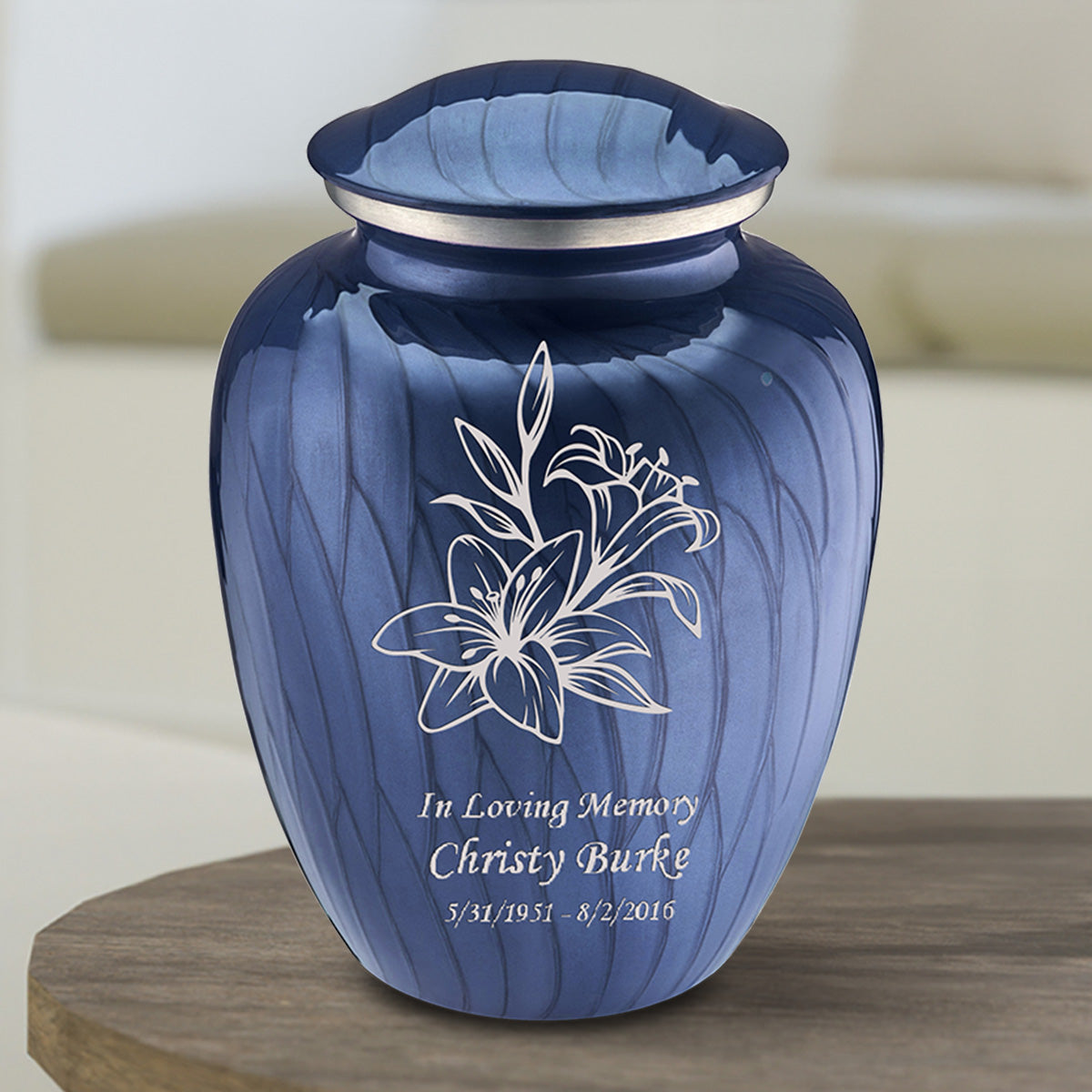 Medium Embrace Pearl Cobalt Blue Lily Cremation Urn