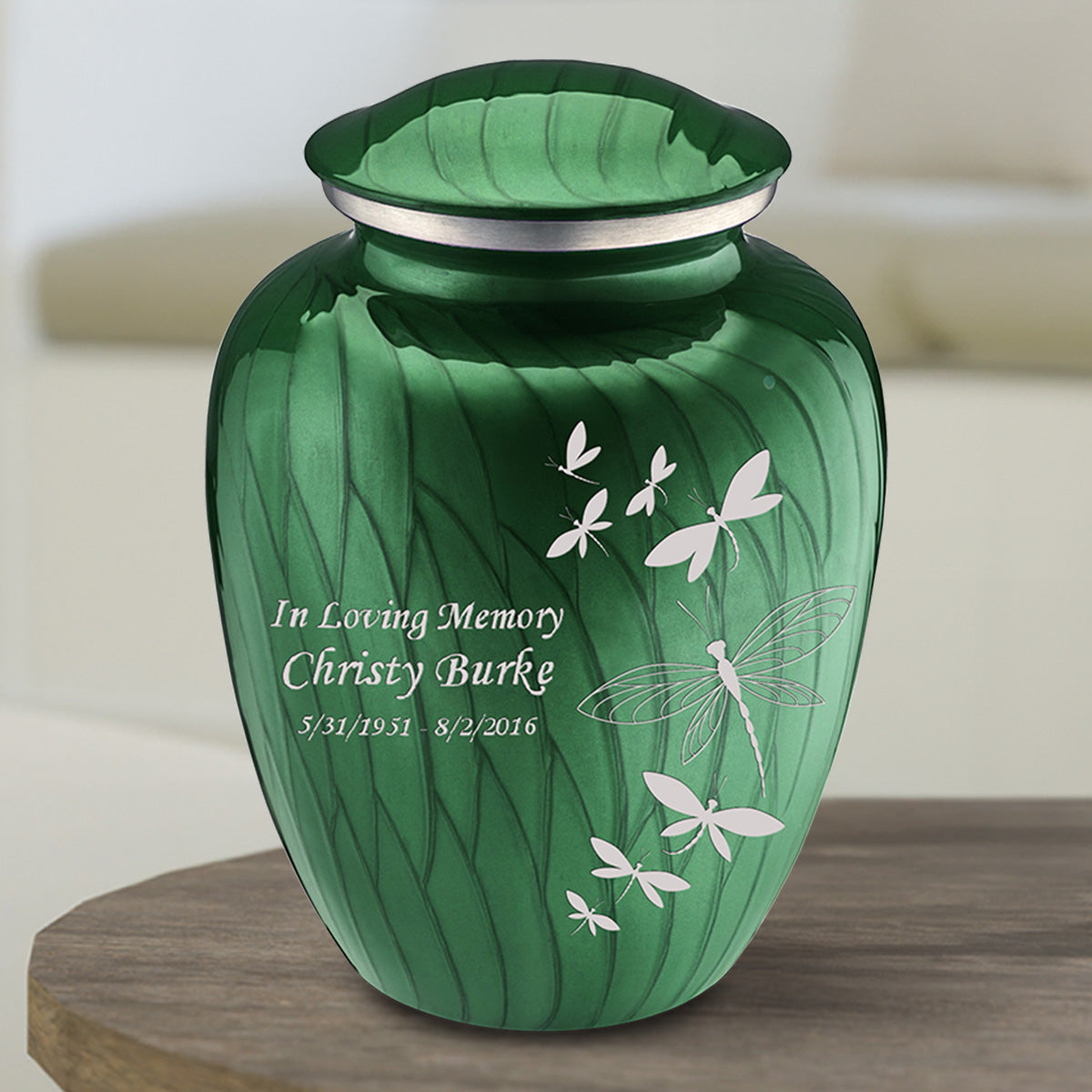 Medium Embrace Pearl Green Dragonfly Cremation Urn
