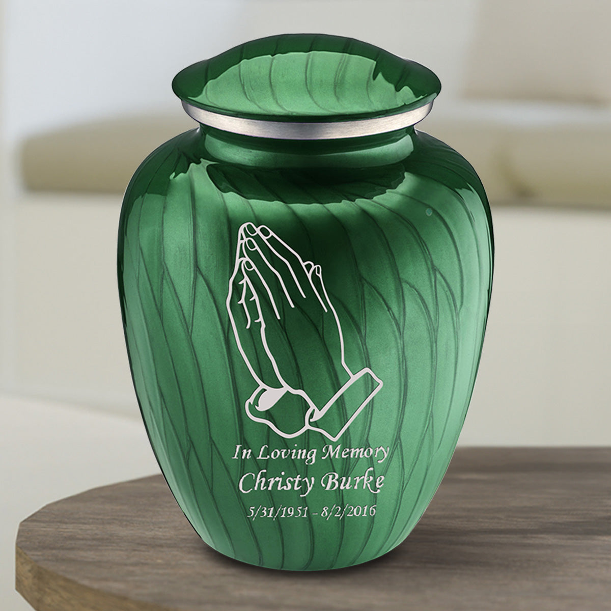 Medium Embrace Pearl Green Praying Hands Cremation Urn